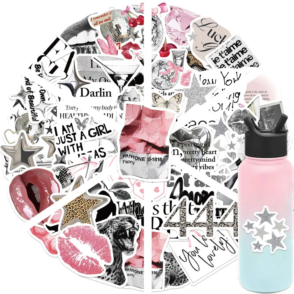 50개 빈티지 실버 행운의 소녀 시리즈 스티커 PVC 방수 데칼 스케이트보드 폰 케이스 DIY 반짝이 스티커 스토어