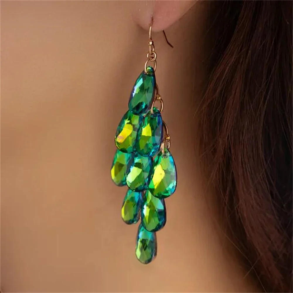 Fashion Colored Crystal Droplet Tassel Pendant Earrings For Women Female Vintage Boho Geometry Sandy Beach Jewelry Party Gift