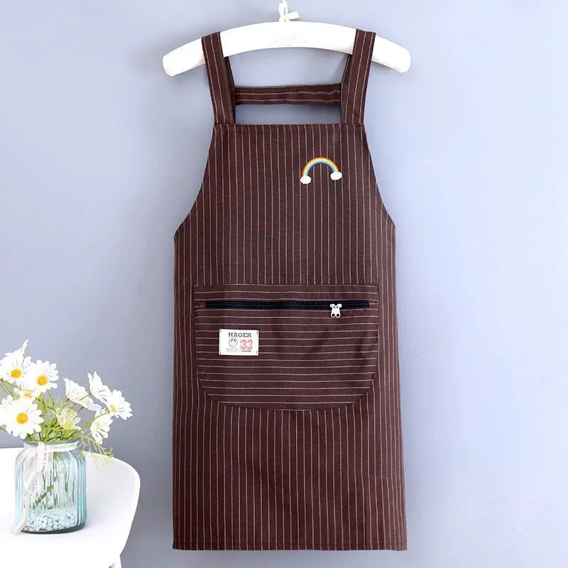 Kitchen Oil Resistant Aprons Striped Zippered Cotton Apron With Straps Breathable Apron Women\'S Dirt Resistant Work Clothes