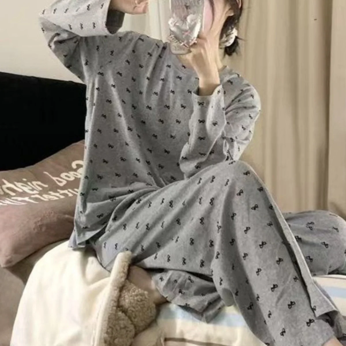 Casual Modal Simulation Women's Sleepwear Long Sleeve Thin Spring Summer Autumn Home Leisure Set plus Size Student Suitable