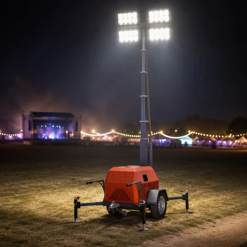 Mobile Lighting Tower Featuring Four 400W LED Lights, A 7-meter Telescopic Mast, And Lamp Heads Adjustable In Four Directions.