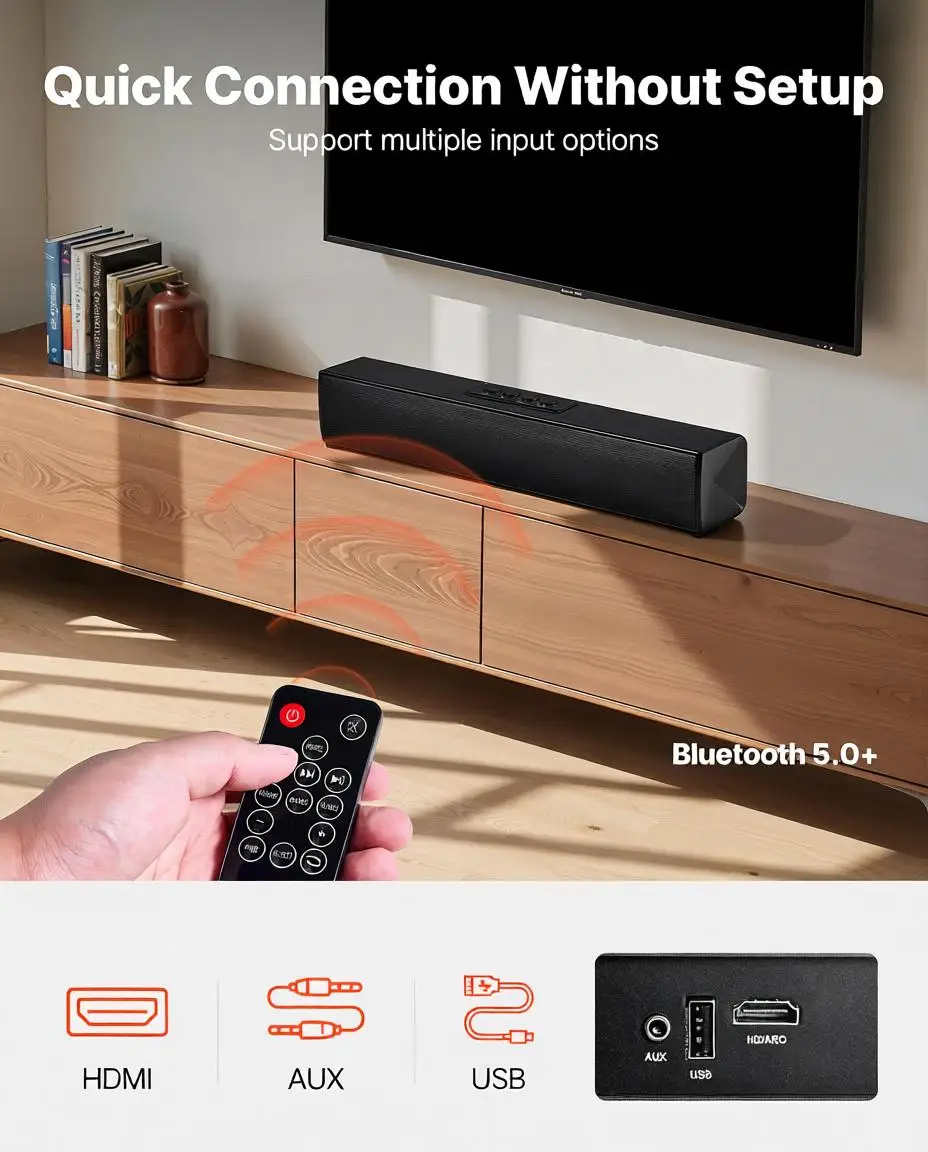 

Саундбар для Smart TV, 2.0-канальный, 17-дюймовый компактный саундбар, динамики для телевизора и проектора, подключение Bluetooth и AUX, пульт дистанционного управления