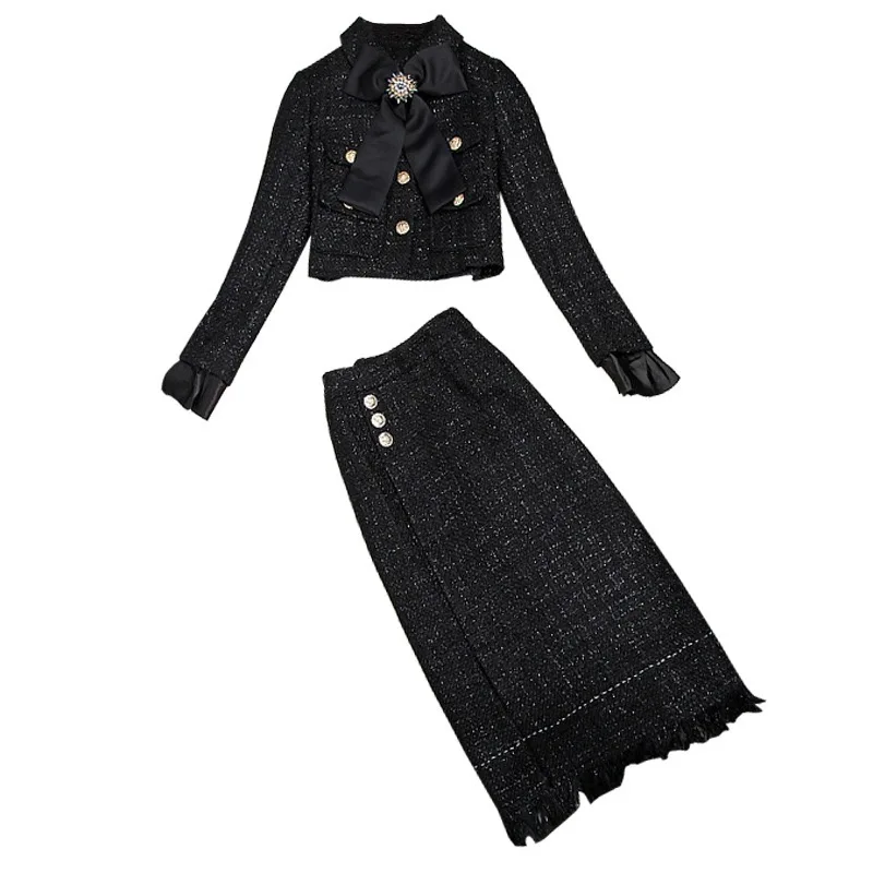 Women Elegant Vintage Tweed Fragrant Suit Jacke Coat Top And Skirt Two Piece Set Green Outfit Winter Jacquard Party Clothing