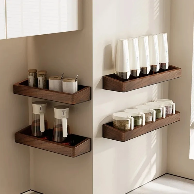 Vintage Walnut Kitchen Wall Rack - Multi-Layer Spice Rack, Home Storage Organizer, Seasoning Rack, Countertop Display