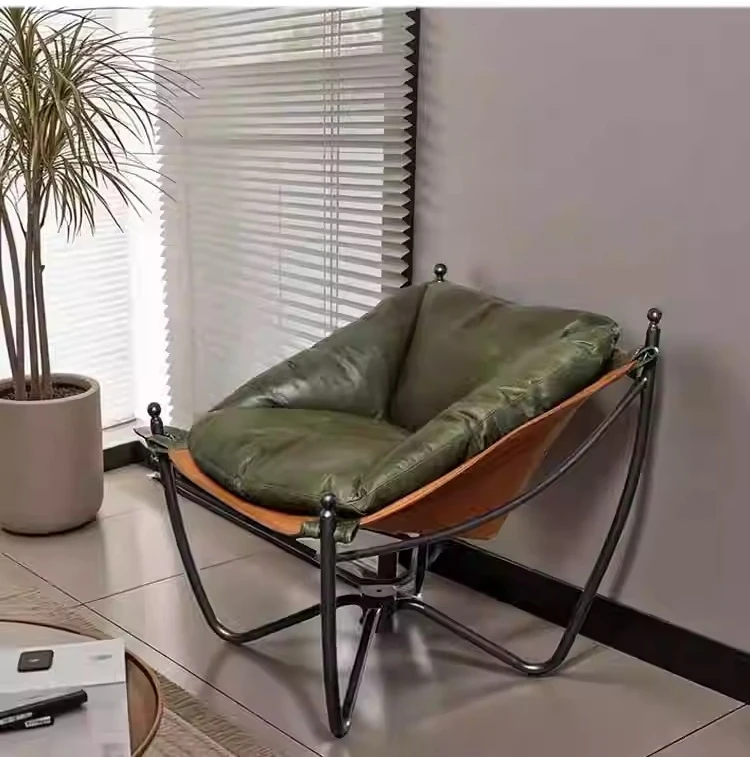 Medieval metal frame retro W-shaped leisure chair microfiber leather soft bag sofa chair living room home model room single