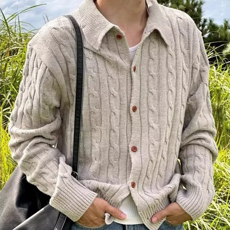 

Winter Men's Korean Fashion Button-up Cardigan Casual Streetwear Cable Knitted Sweaters Y2K Vintage Turn-Down Collar Knitwear