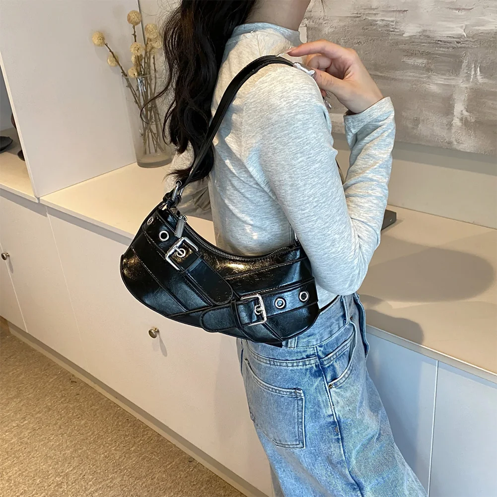 

Women PU Leather Punk Shoulder Bag Zipped Handbag Vintage Clutch Purse Adjustable Strap Armpit Bag for Travel Commuting