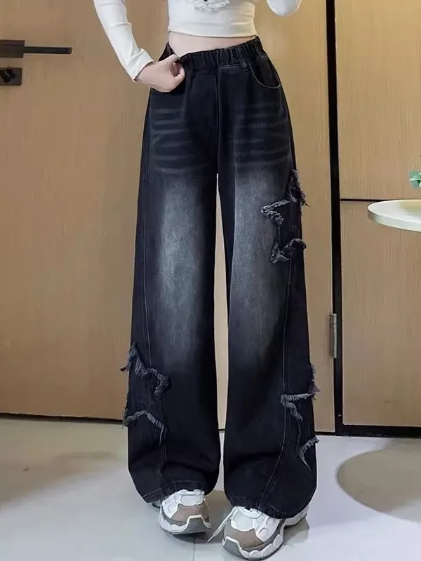 

Black Elastic Waist Loose Wide Leg Jeans for Women plus Size High Waist Straight Cut Trousers Trendy Comfortable plus Size Denim