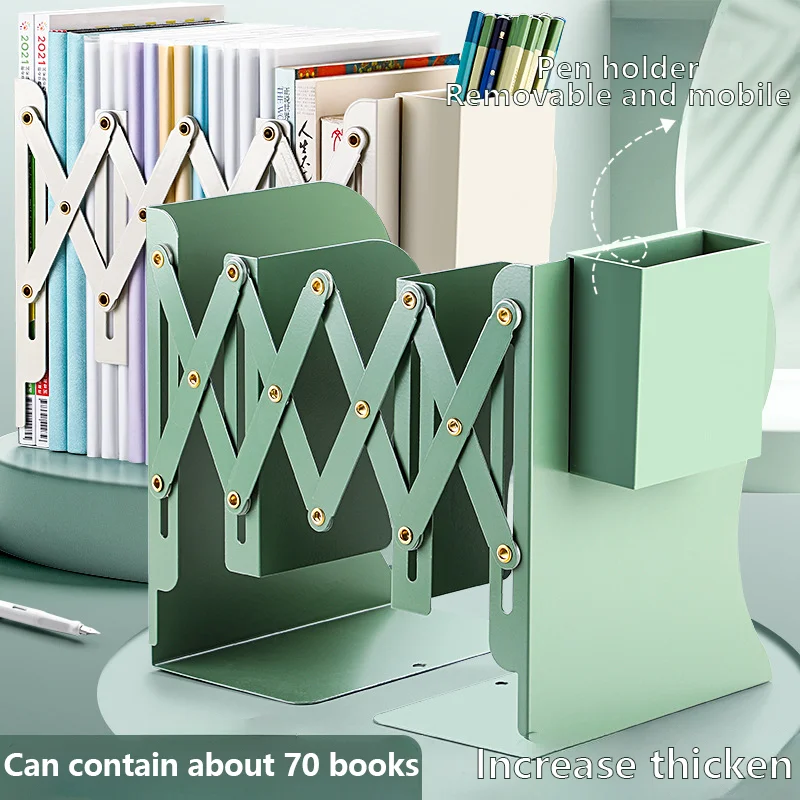 Adjustable Desktop Bookshelf Large Capacity with Pen Box Metal Telescopic Folding Storage Rack School Office Supplie Stationery