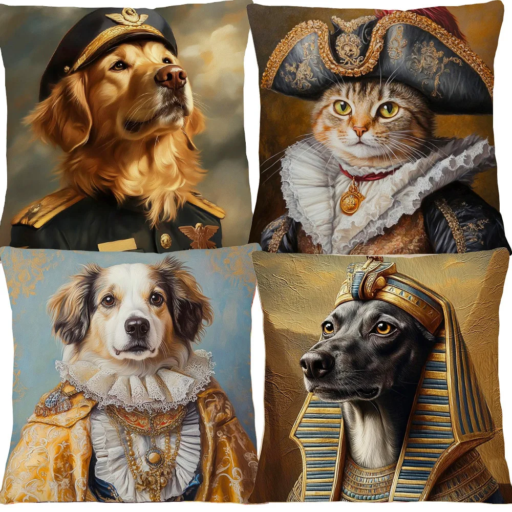 European Vintage Retro Royal Dogs Cats Pets Doodle Print Decorative Sofa Throw Pillow Case Cushion Cover
