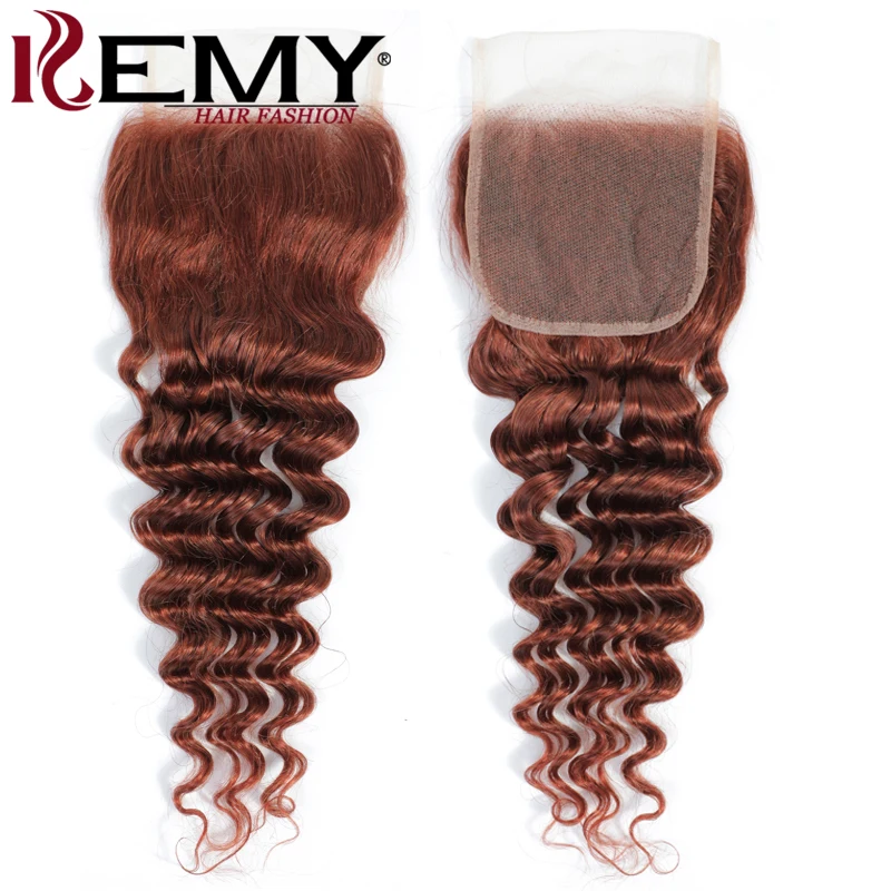 Tissage en Lot Brésilien Naturel Remy avec Closure, Couleur Brun Auburn, Deep Wave