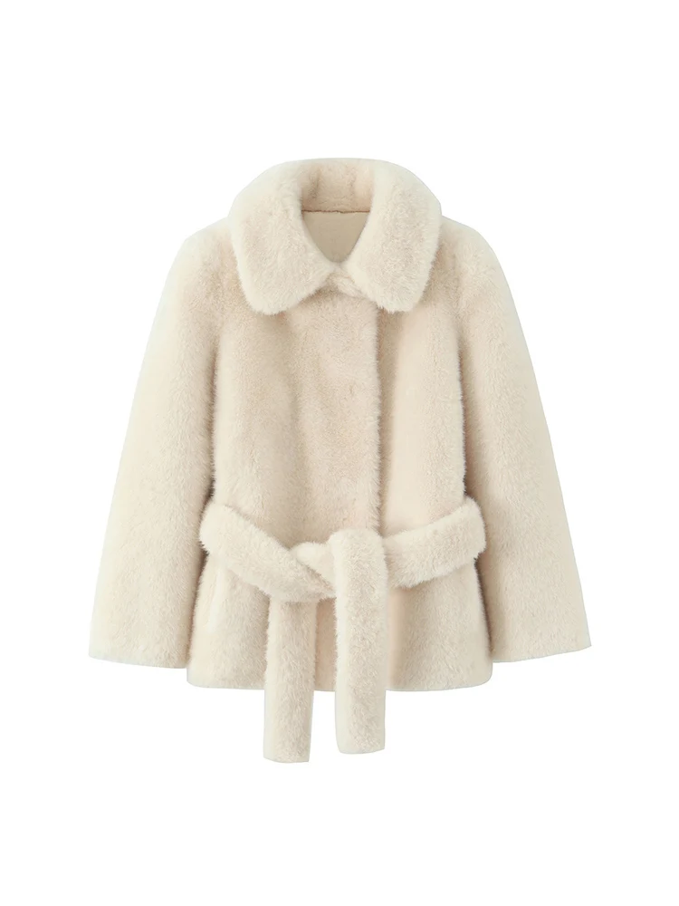 

European style new women's fashion versatile temperament solid color with belt artificial fur effect coat