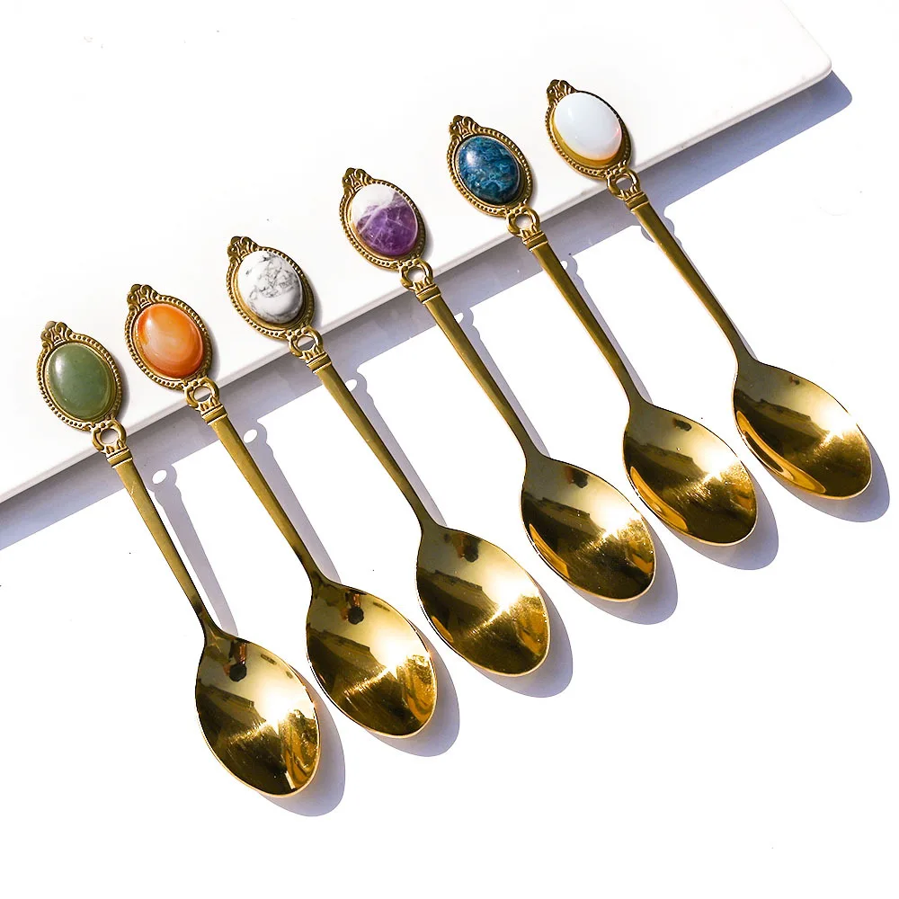 1pc Long Handle Coffee Tea Gold Spoon Spiritual Energy Natural Quartz Crystal Gemstone Dessert Restaurant Spoon Carved Crafts