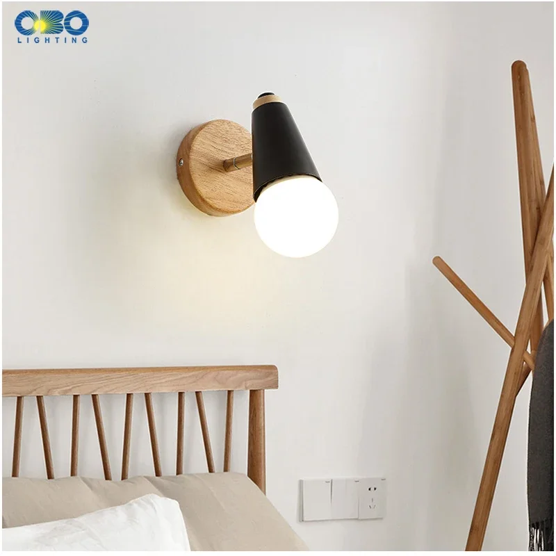 Imagem -04 - Modern Macaron Wall Lamp Iron Wood Mirror Light Bedside Bedroom Iluminação Interior Lâmpada E27 Retro Led Wall Light Nordic