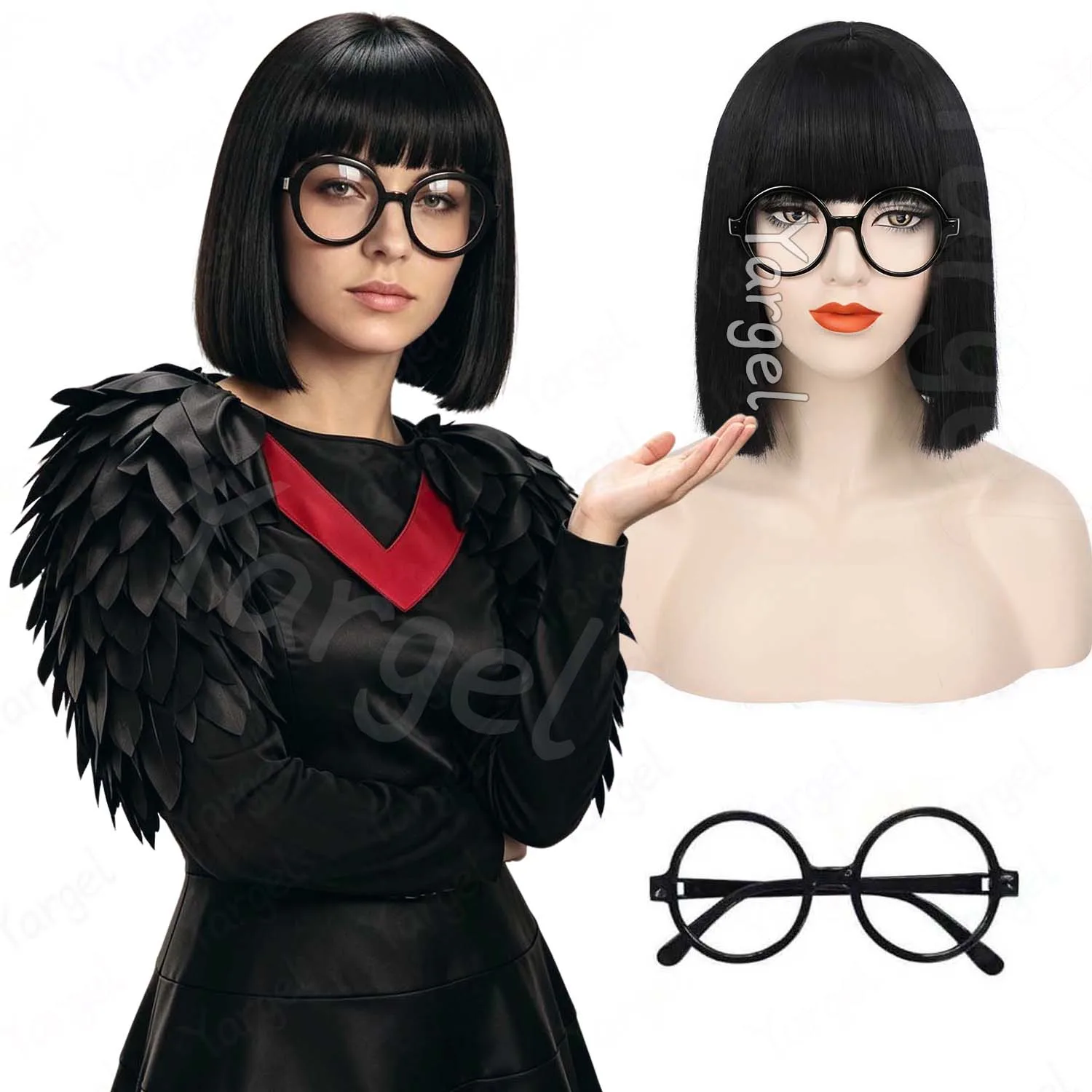 Synthetic Short Bob Wig with Bangs+Glasses,Straight Bob Edna Mode Costume Wig for Halloween Cosplay Party Daily Use,Anime Wig