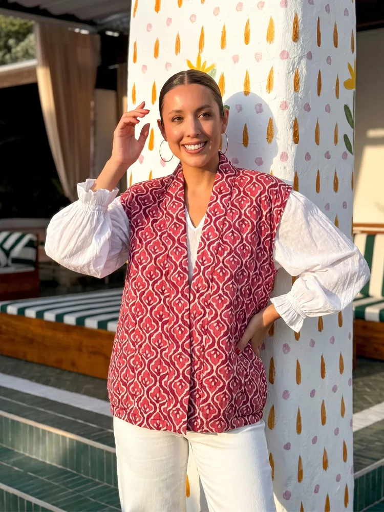 Fanan Women Vintage Red Printed Vest Cardigan Design Sleeveless Waistcoat Loose Y2K Tops Spring Autumn Casual Lady Outwear Tops