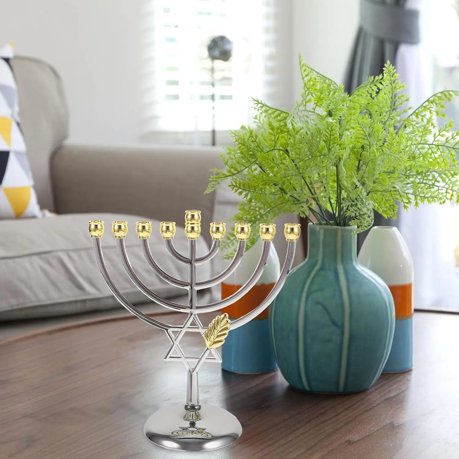 9 Branch Hanukkah Menorah Metal Chanukah Candlestick Jewish Star of David Candle Holder Table Centerpiece Home Ornaments Gift
