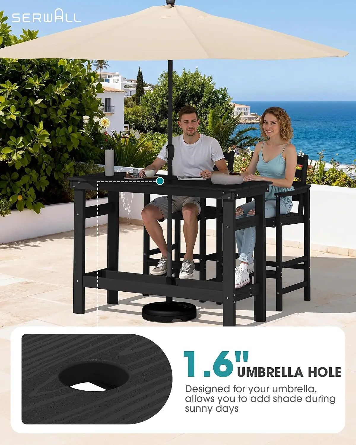 41 Inch Hdpe Outdoor Bar Table 16 Inch Umbrella Hole Black Patio Counter Height Rectangle Backyard Garden Poolside Balcony