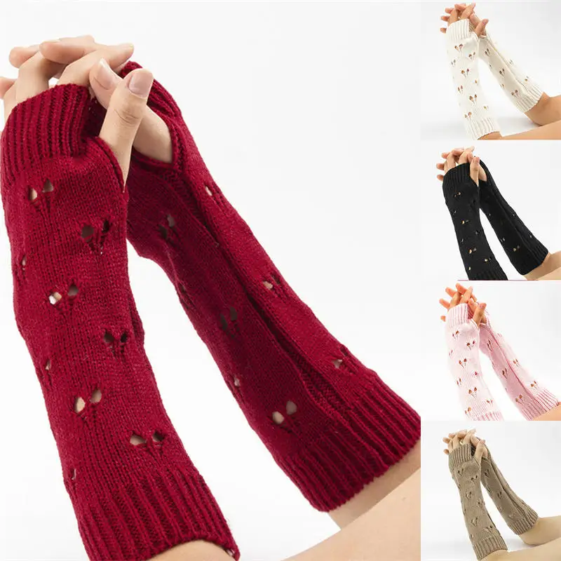 Women Gloves Knitted Arm Cover Autumn Winter Girl Arm Knitting Hollow Heart Mitten Fashion Warm Long Fingerless Soft Gloves