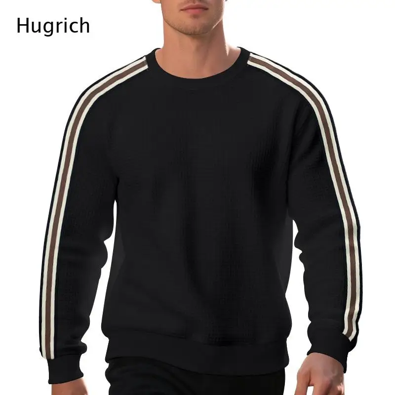 Triple Contrast Side Stripe Waffle Knit Crew Neck Sweatshirt Sports Daily Mens Pullover