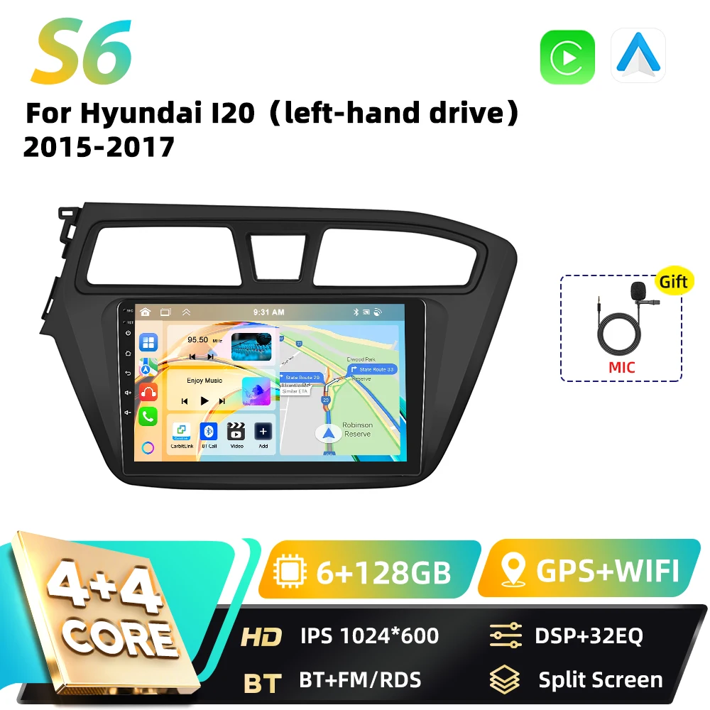 Podofo Qualcomm 8-Core 2DIN Android autoradio voor Hyundai I20 2015 2016 2017 met draadloze Carplay, DSP, WIFI, RDS, GPS, FM en BT