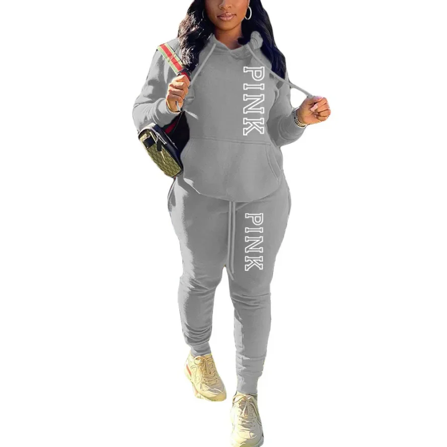 Lady Hoodies Sweatshirts Fashion 2 Piece Set Letter Print Hooded Sweatshirt And Skinny Stacked Pants Set Sporty Outfit Tracksuit