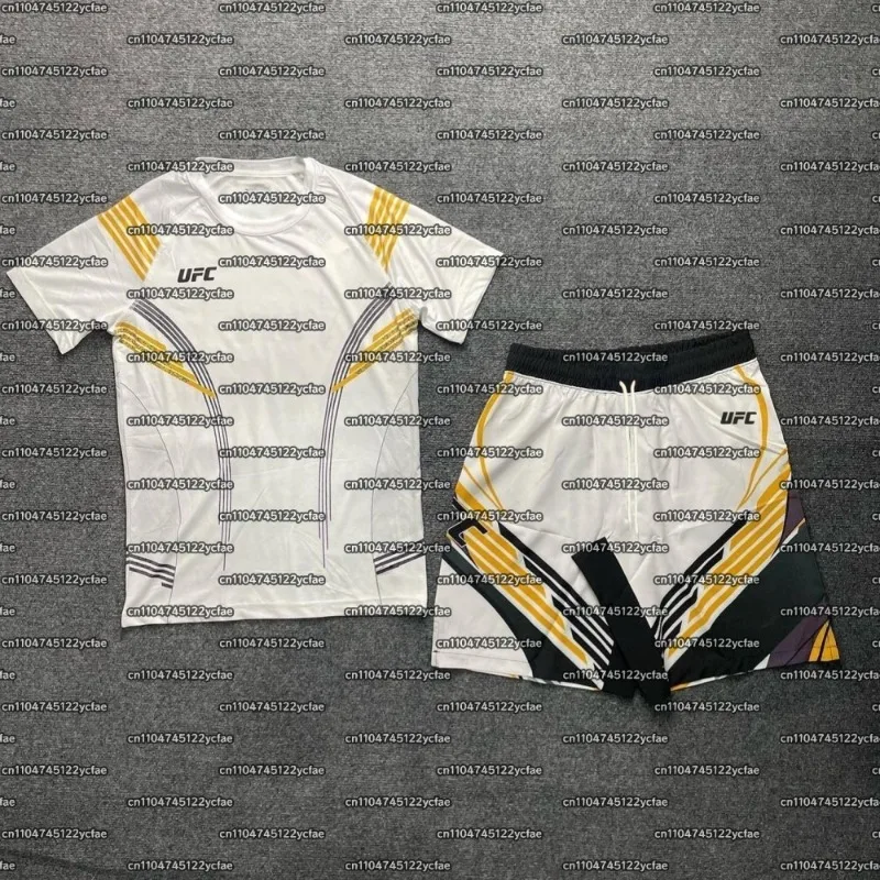 

Осень 2025 г., хит продаж, экстремальный спорт, бокс, UFC, любители соревнований, золотая футболка с круглым вырезом и короткий быстросохнущий комплект