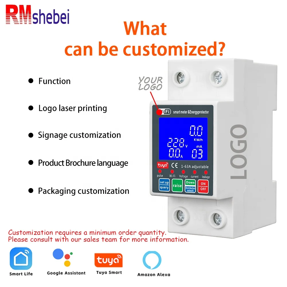 RMshebei Tuya Smart Home Switch 63A 2P MCB Circuit Breaker WiFi PV Metering 220V Voltage Protector Remote Control Din Metering