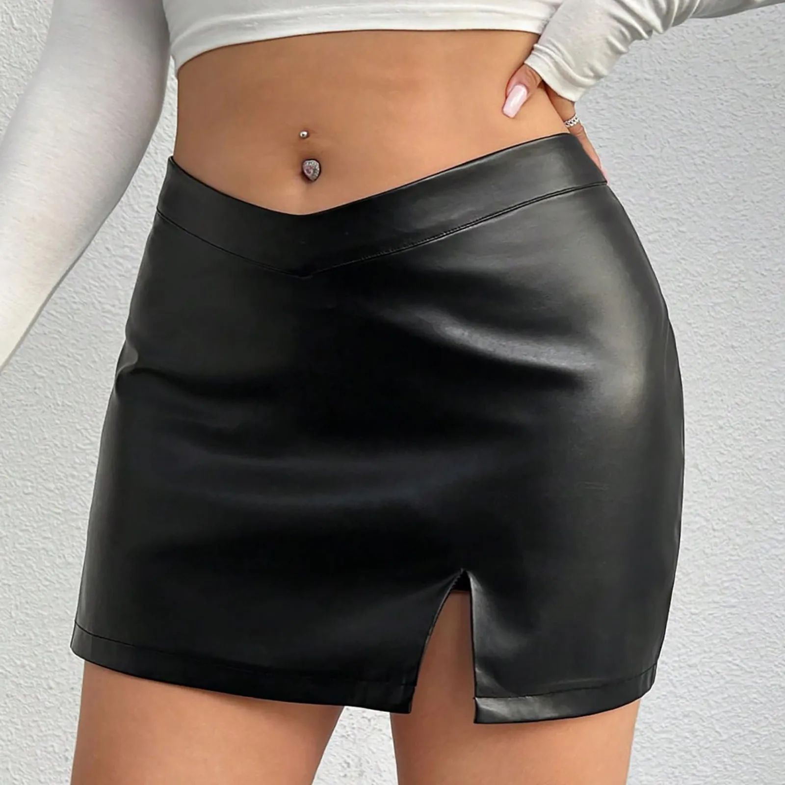 

Ladies Sexy Patent Leather Mini Skirt Fashion Skirt Split Hip Skirt Mid-Waist Sheath Skirt Street Fashion Trend Simple Skirt