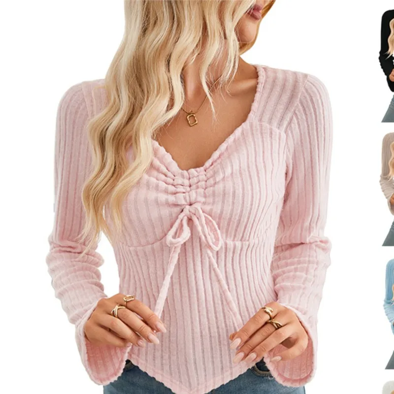 New Polyester Pleated Long Sleeved Short Top Women's T-shirt Pit Stripes Damen Mode Vestiti Donna Playeras Para Mujer Casuales