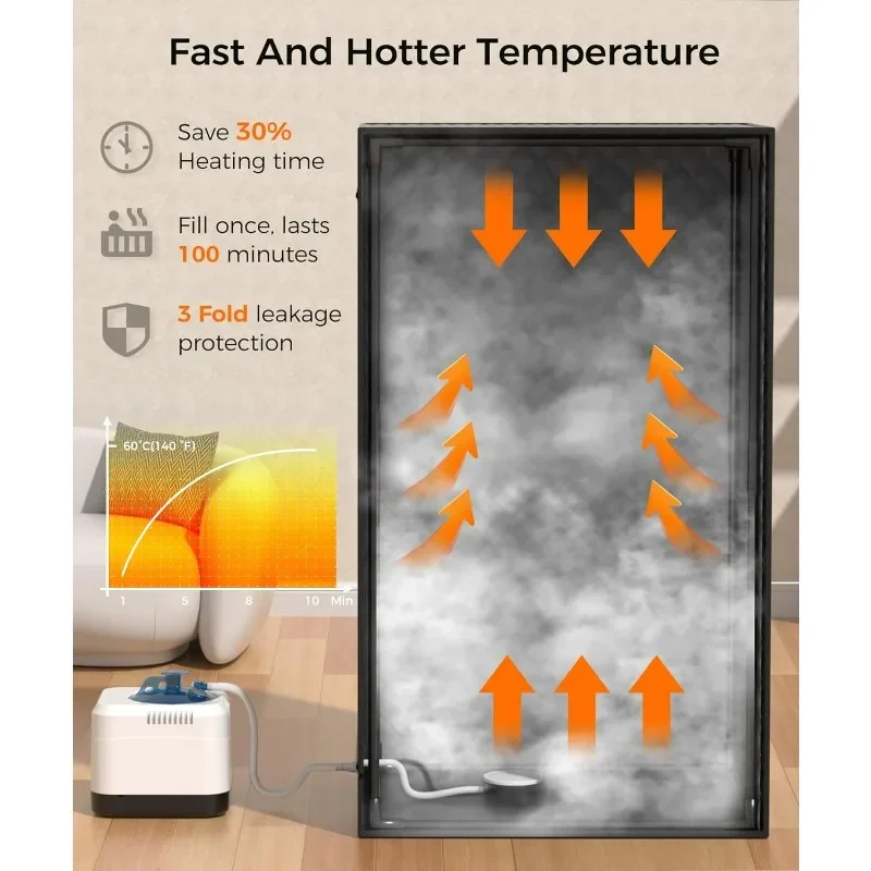 Saunabox, draagbare sauna voor thuisgebruik met tien aluminiumfolie verwarmingsdekens, persoonlijke stoomsauna met 3L stoomboot, 9 niveaus