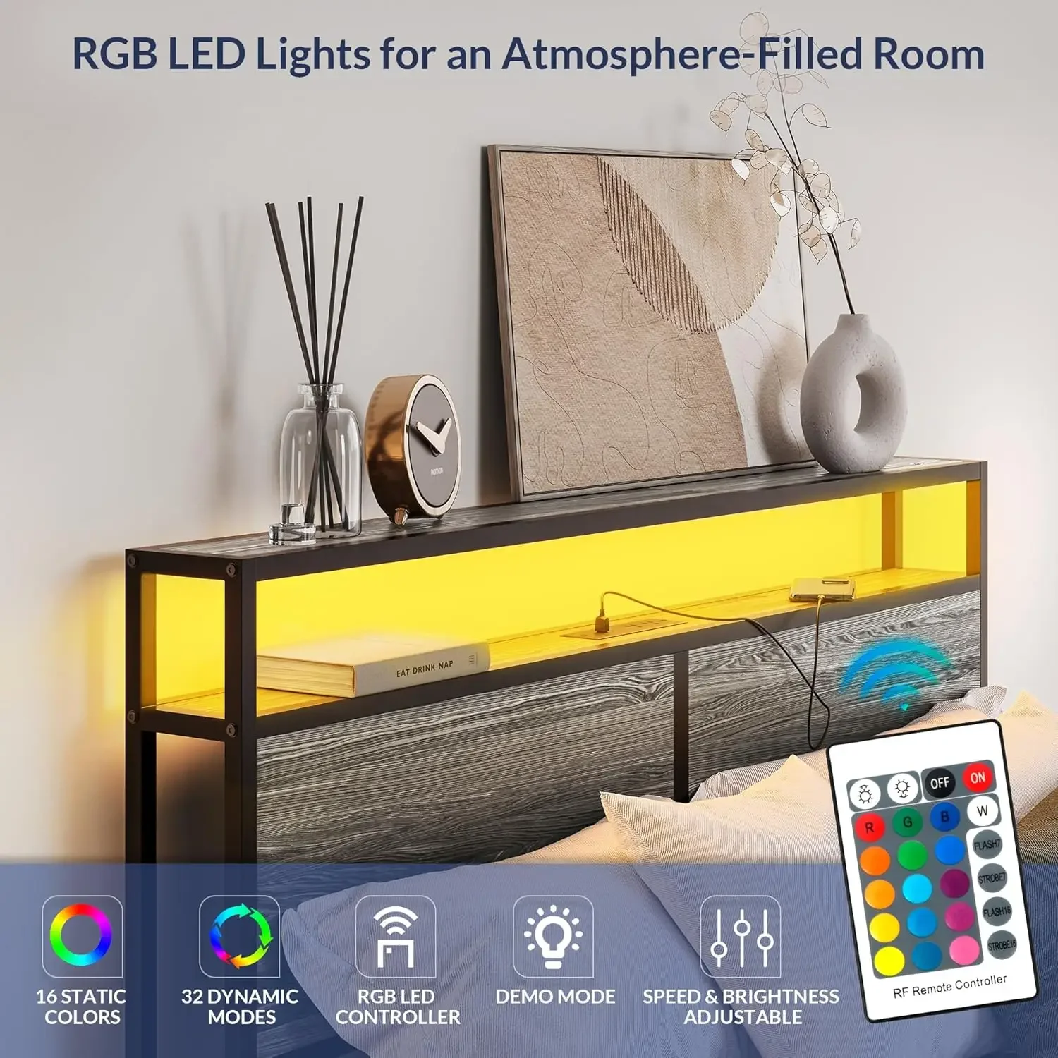 2-Tier Storage Headboard and 4 Drawers Under Bed, Sturdy Metal Platform Bed with Remote Control RGB LED Light