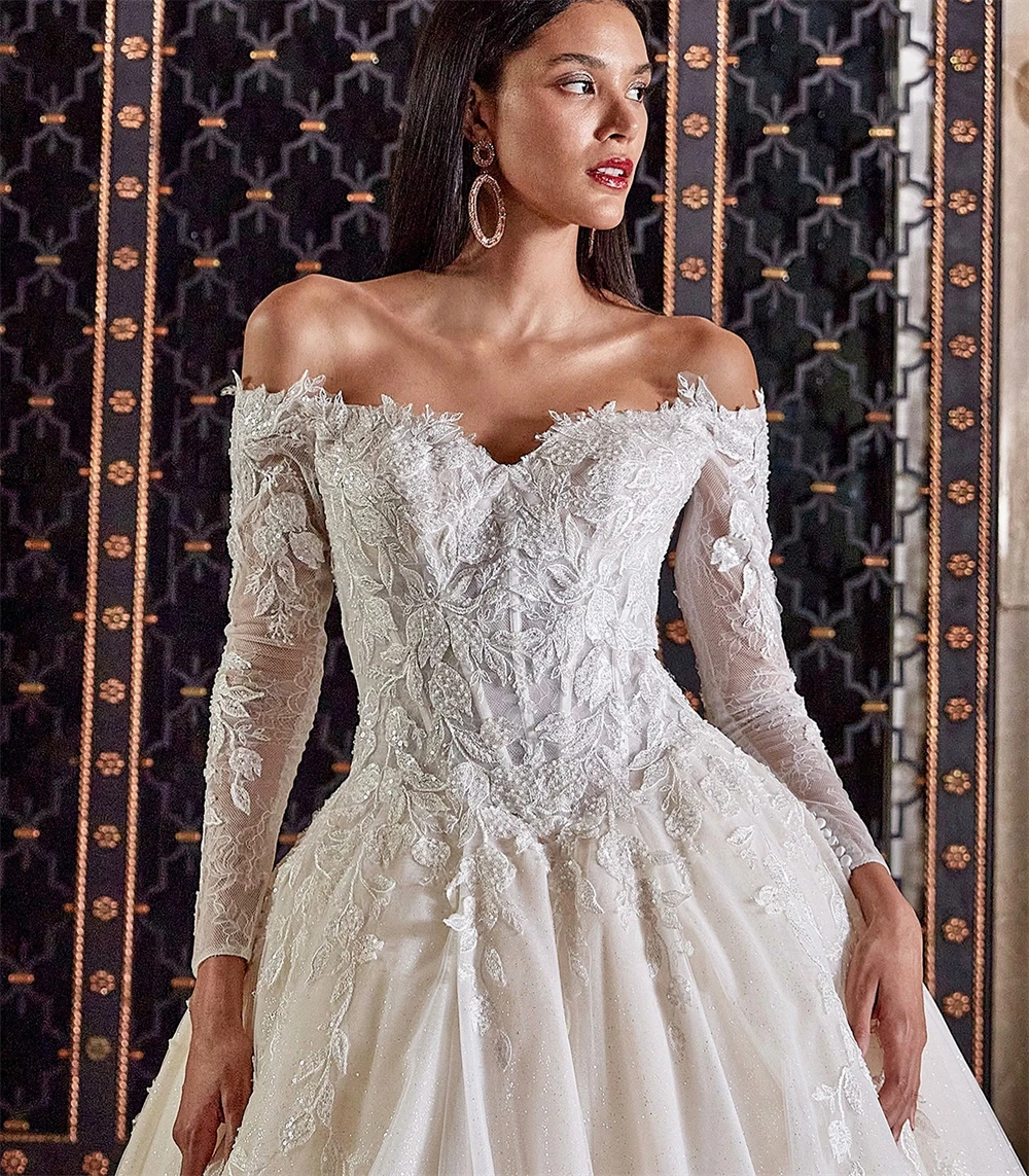 

Customized Soft Ivory Organza Wedding Dress Dreamy Sweetheart Long Sleeves Bridal Gowns Sexy A-Line Court Train Vestido De Novia