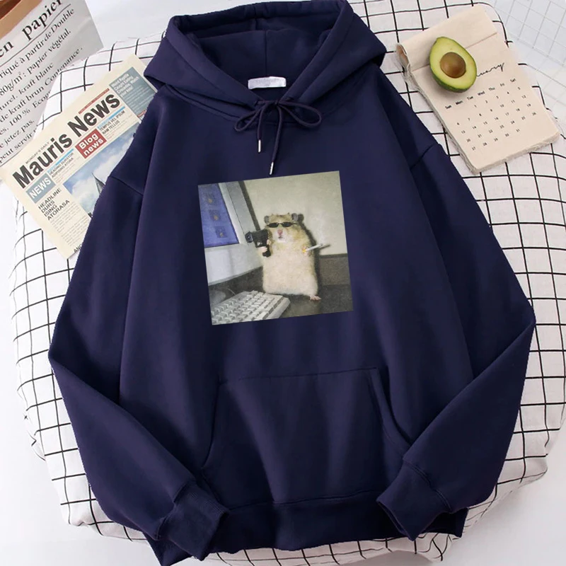 Cyber Hamster Meme Cringe Funny Animal Vintage Graphic Print Hoodie for Men Women Long Sleeved Loose Casual Neutral Sweater Tops