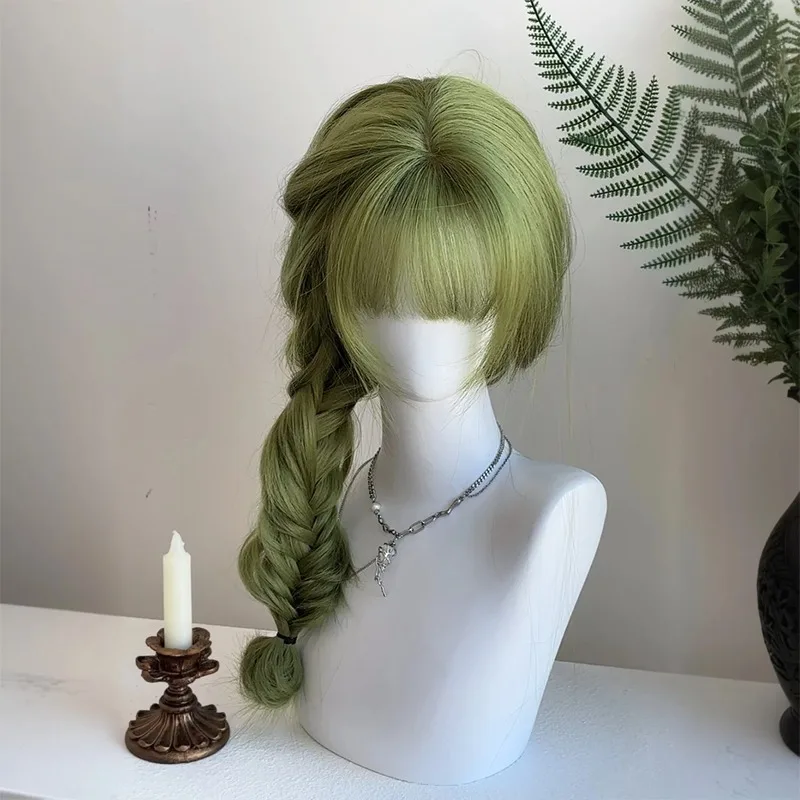 High Density Synthetic Long Straight Green Wig for Women Daily Party Mori Girl Lolita Hair Wigs with Curtain Bangs