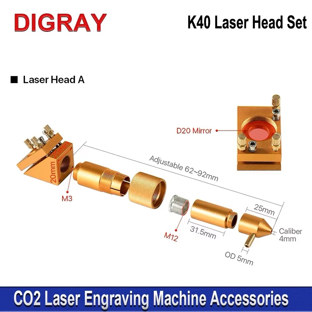 DIGRAY K Series CO2 Laser Head Set Dia12 / 20mm FL:50.8mm Lens Gold Color for 2030 4060 K40 Laser Engraving Cutting Machine