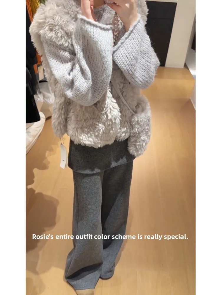 Marie  Women's Knitted Furry Vest Loose Fit Bottoming Shirt Set Chic Style Autumn Collection Three Piece Ensemble