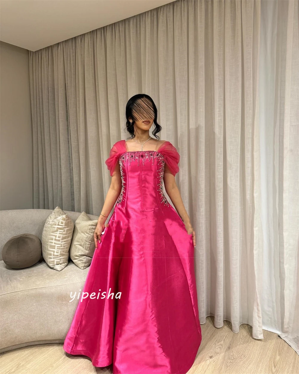 Jiayigong Satin Beading Draped Clubbing A-line Square Collar Bespoke Occasion Gown Long Dresses