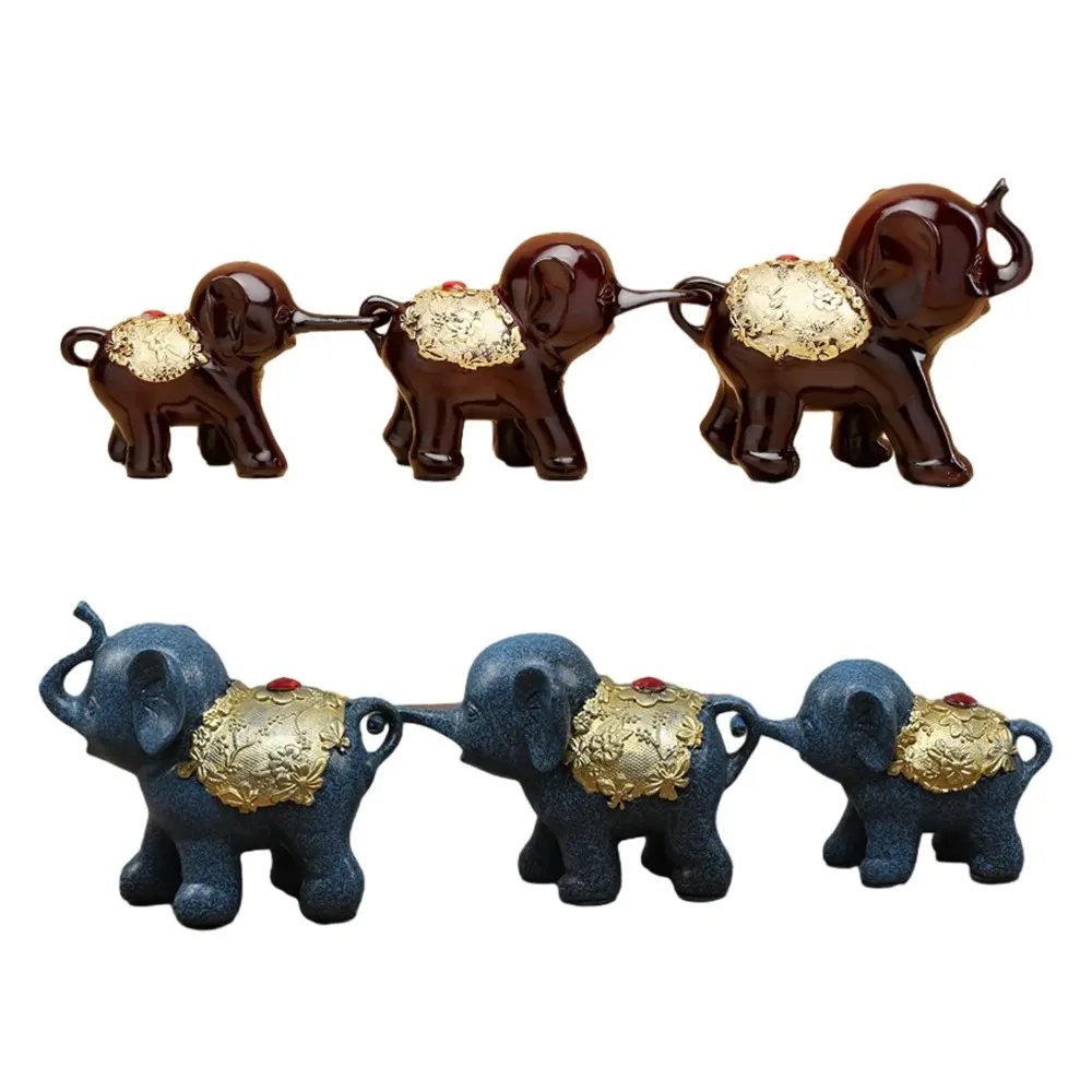 3pcs/set Cute Lucky Elephant Figurine Resin Lifelike Elephant Statue Crafts Handicraft Animal Sculpture Home Office Decoration