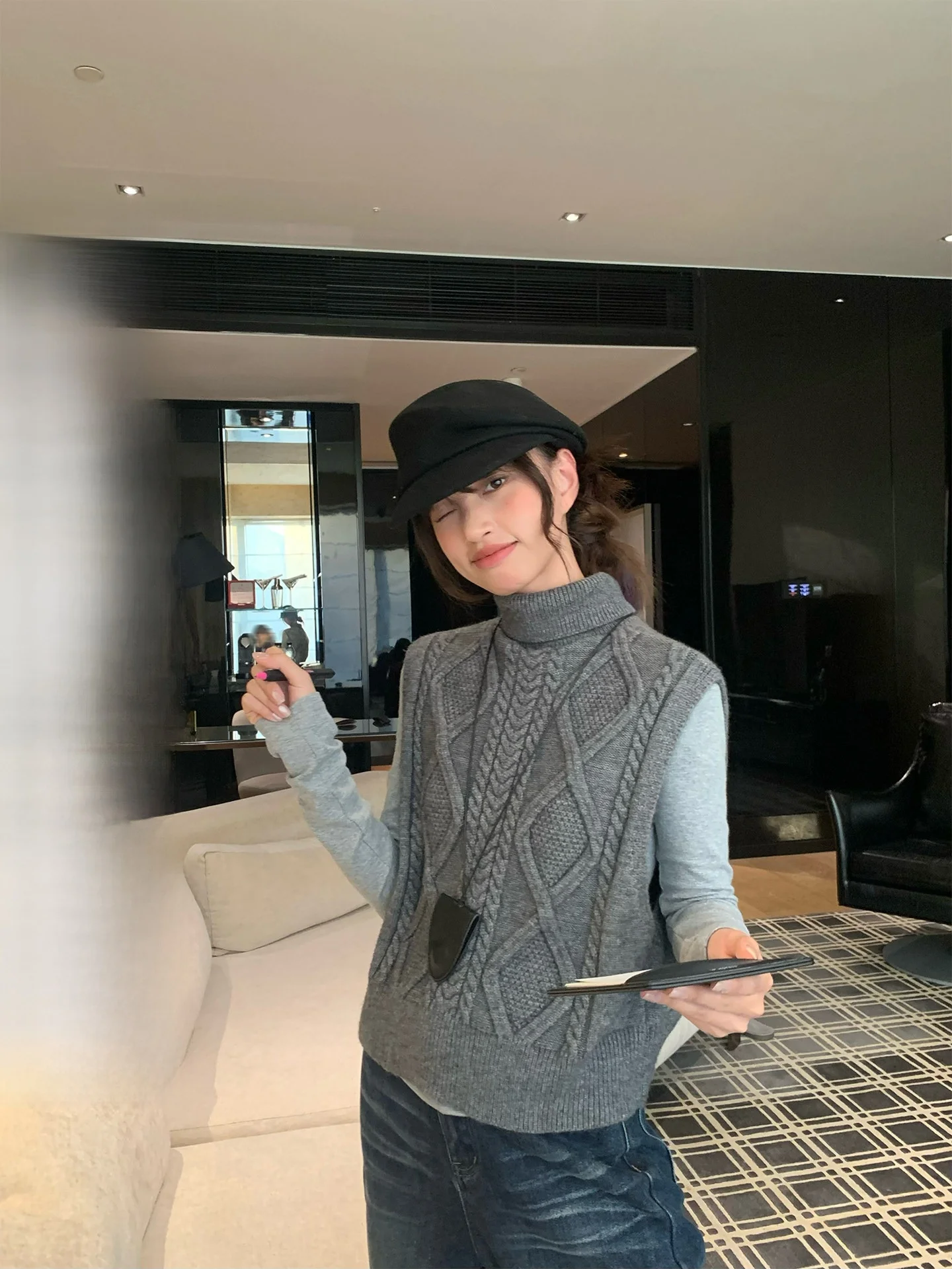 

Женский вязаный жилет-свитер с высоким воротником, двусторонний, свободного кроя, с длинными рукавами, осенне-зимний, повседневный, модный