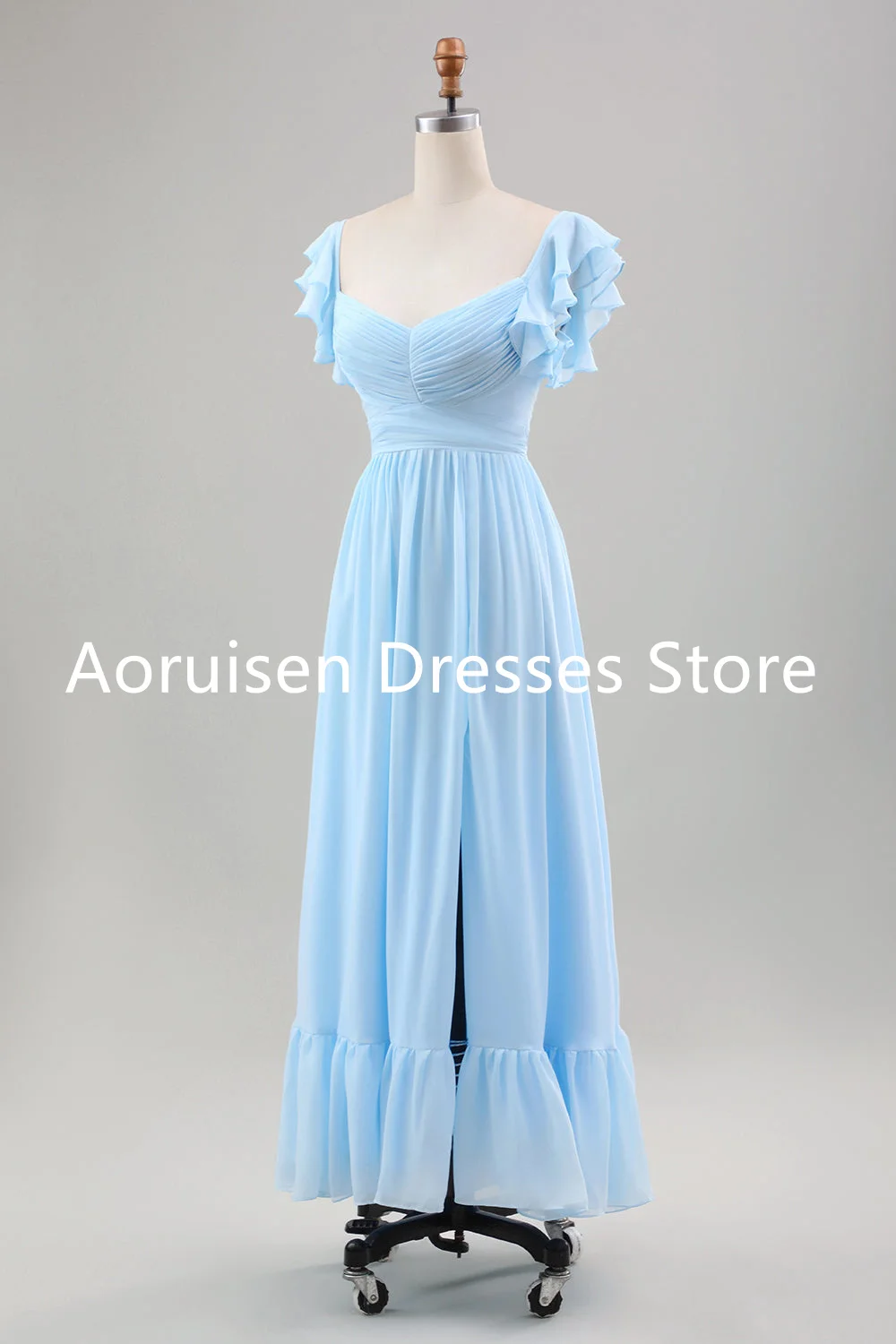 A Line Chiffon Long Homecoming Dress Wedding Guest Dress with Ruffle Sleeveless Dress with Slitvestidos de noche elegante 2024