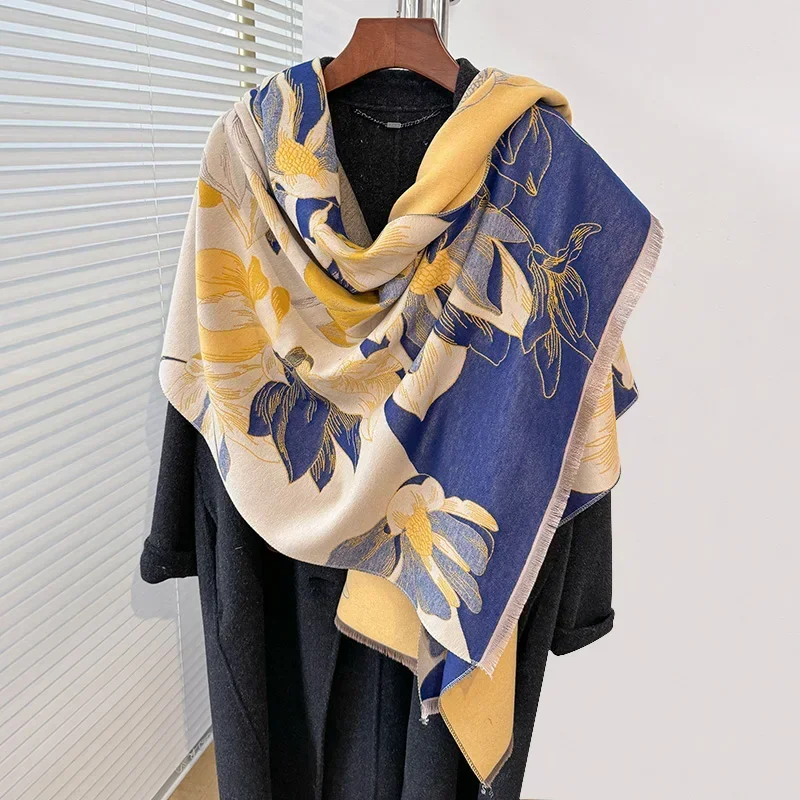 Elegant Floral Scarf Women Winter Fashion Cashmere Pashmina Shawls Lady Wraps Female Soft Warm Blanket 2024 New