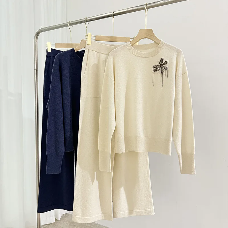 

Women Solid Color Set Bead Embroidery O-Neck Long Sleeve Sweater or Elastic Waist Straight Long Pants