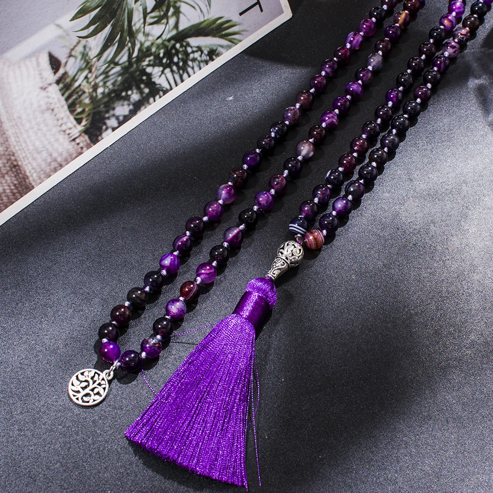 8mm Purple Striped Agate Knotted 108 Mala Beaded Necklace Meditation Yoga Prayer Japamala Jewelry with Tassel Rosary