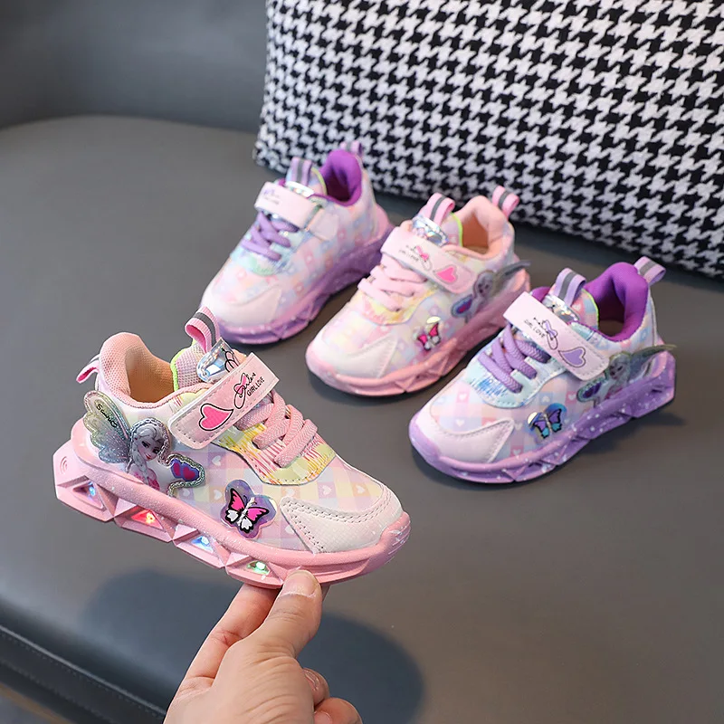 

Disney LED Casual Sneakers For Spring Girls Frozen Elsa Princess Print Pu Leather Shoes Children Lighted Non-slip Pink Purple