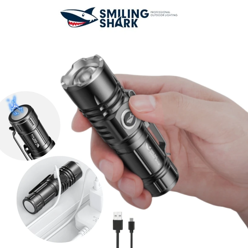 Smiling Shark SD5031 Mini USB Rechargeable Flashlight, M60 Zoomable Pocket Torch,Portable with Clip Design,for outdoor camping