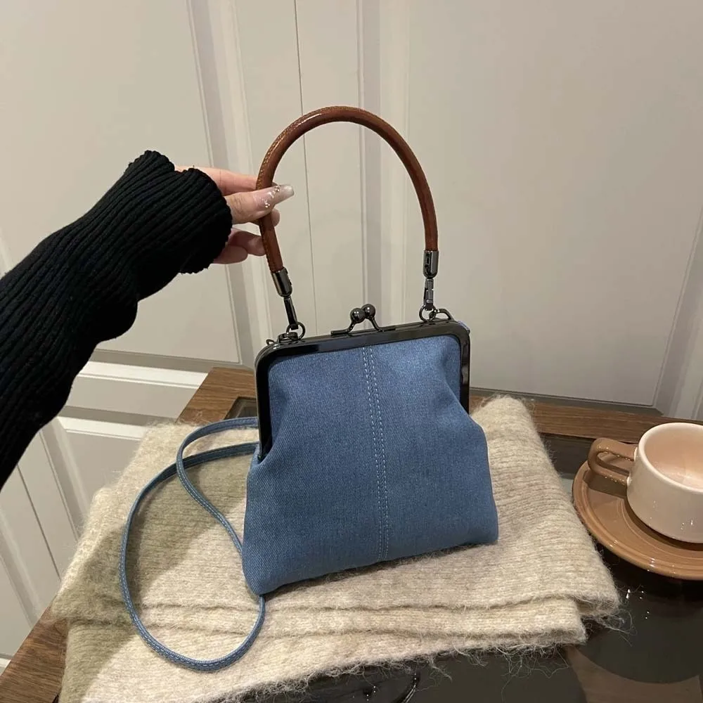 Elegant Kiss Lock Shoulder Bag Solid Color Large Capacity Denim Blue Crossbody Bag Purse Messenger Pouch Vintage Women's Handbag