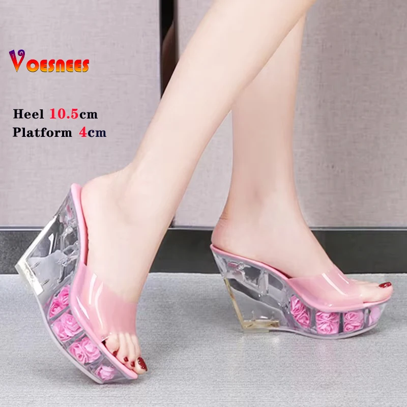 Shuzumiao Wedge Heel Women Slippers Summer Women's Shoes Sandals Crystal Petal Sole  Platform High Heel 10.5 cm Ladies Sandals