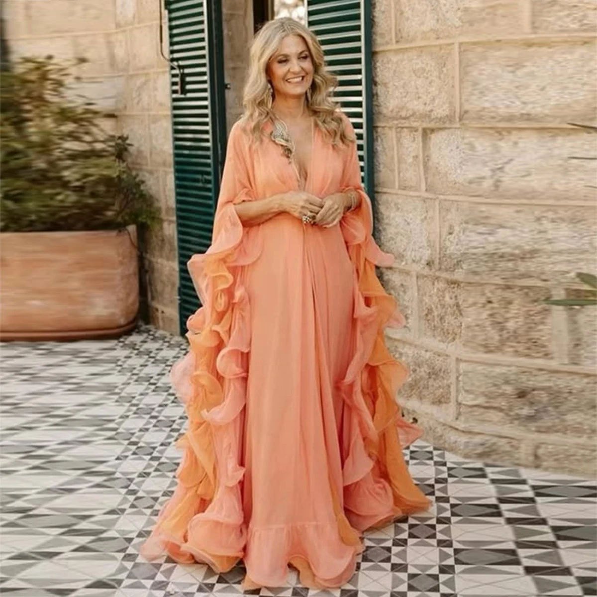 

Вечернее платье с глубоким V-образным вырезом, оранжевое, А-силуэт, с оборками, длиной в пол, из шифона, для торжественных мероприятий, женское, для вечеринок, Robe De Soiree