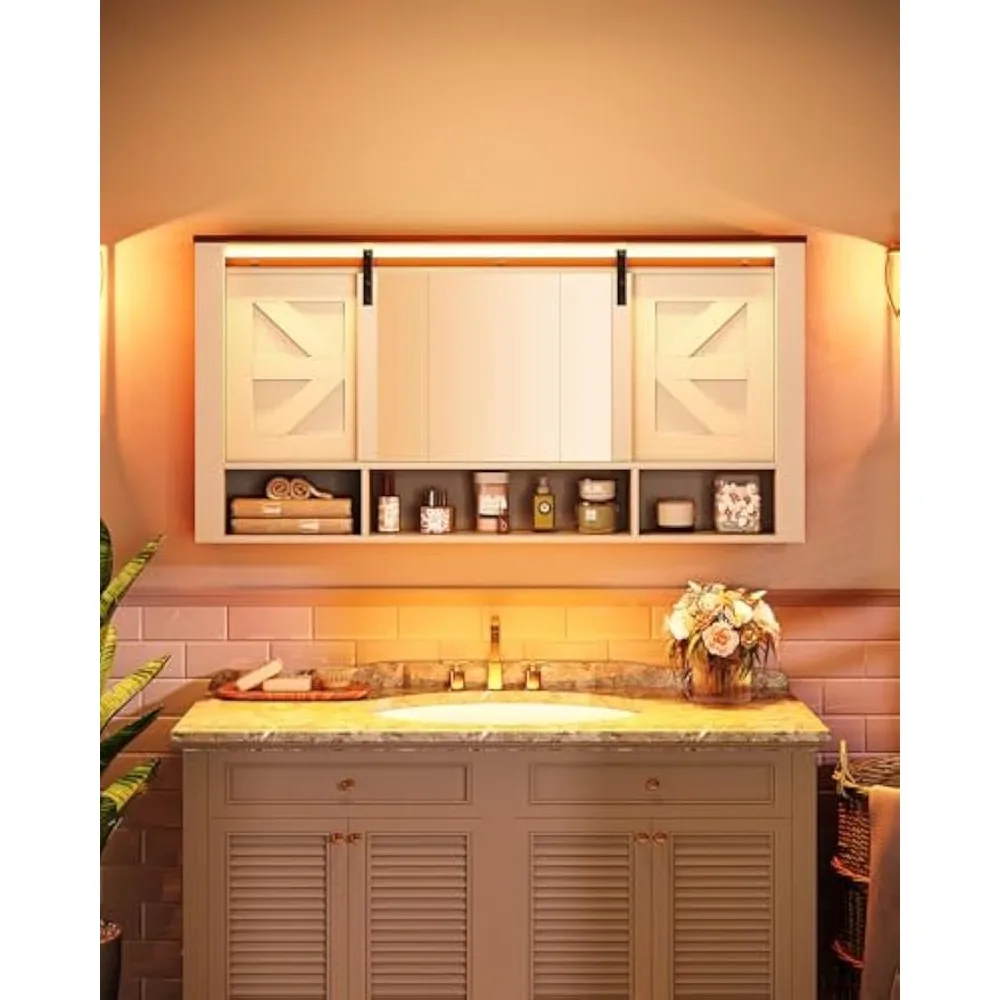 

Bathroom Medicine Cabinet with Mirror, Farmhouse Wall Cabinet with Lights, Large Storage Cabinet with Sliding Barn Door